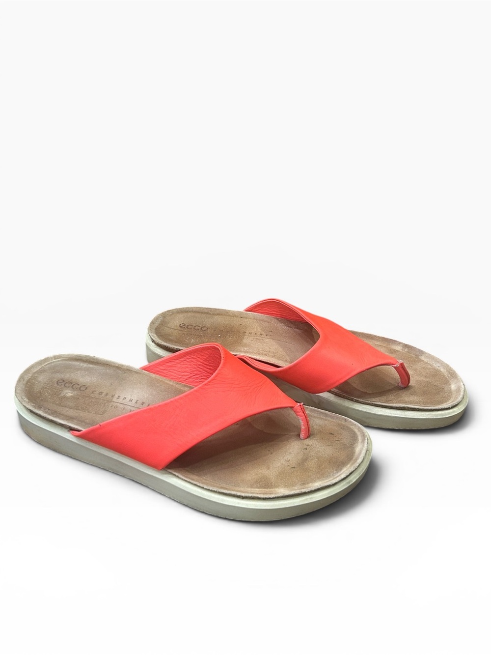 Ecco Women's Corksphere Thong Flip Flop Leather Sandals Vibrant Coral Orange